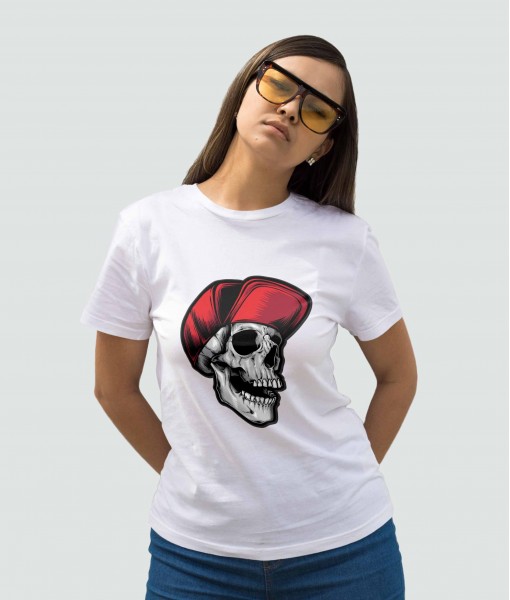 Дамска тениска с щампа Готика Skull with red hat - TShirtArtShop.com